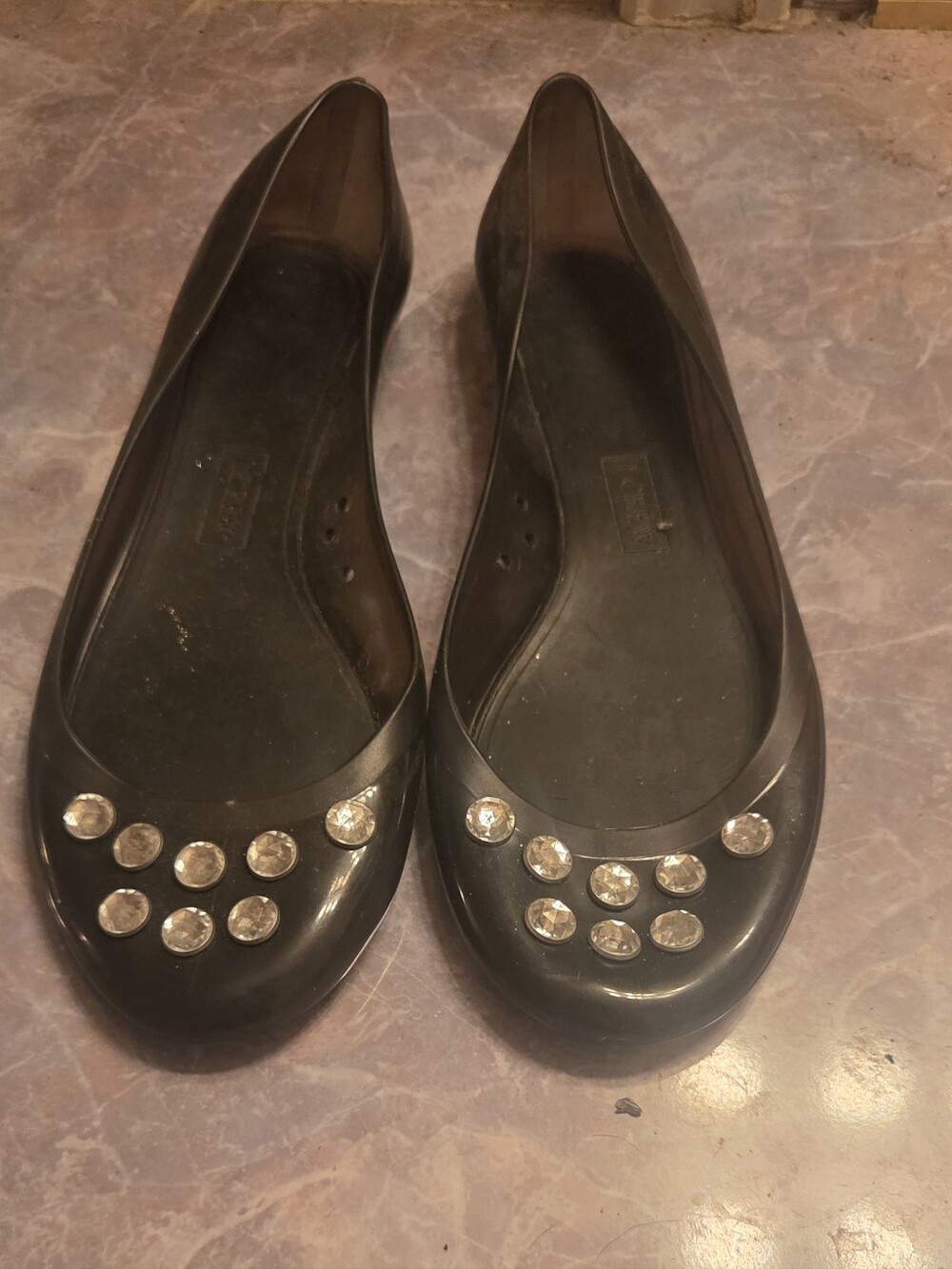 J. Crew Black Jelly Flats with Round Crystal Studs